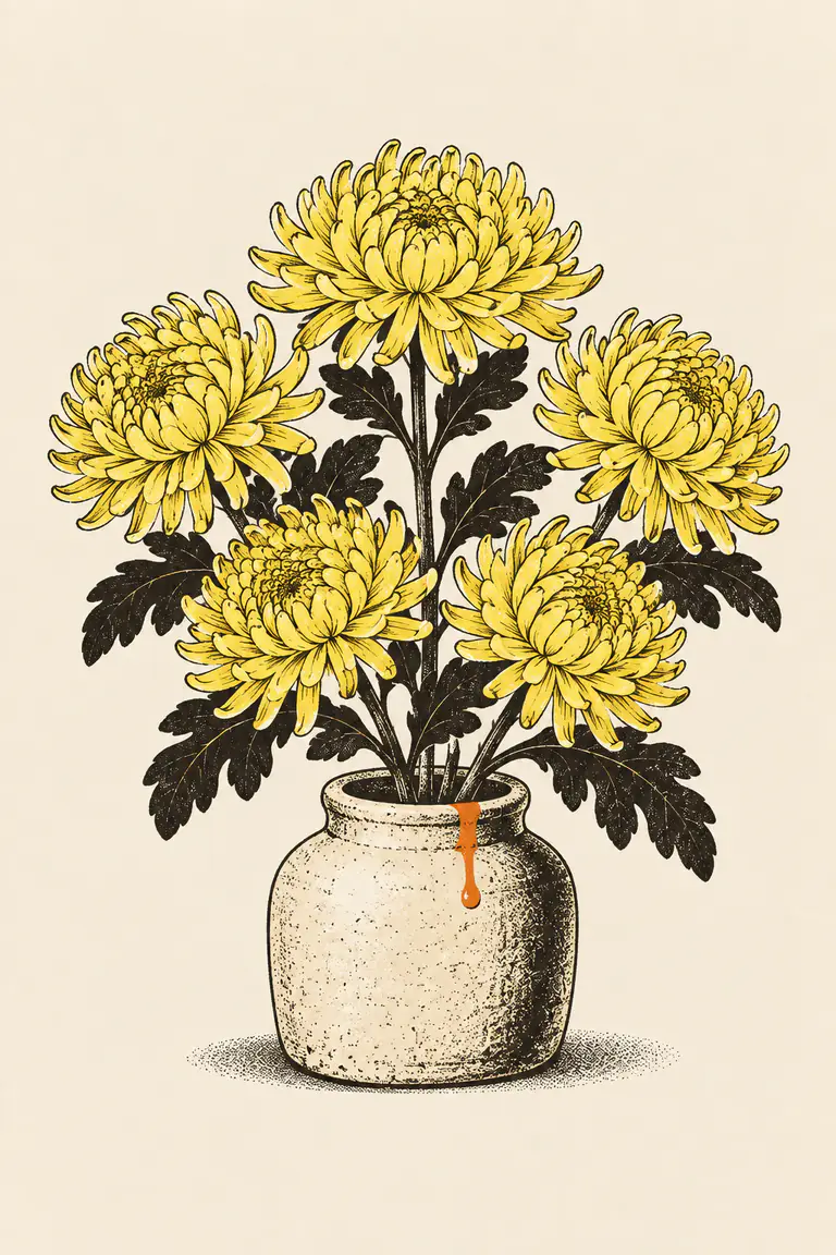 一小束黃色菊花插在陶瓶裡，花瓣細長層疊，葉片以墨色網點畫成