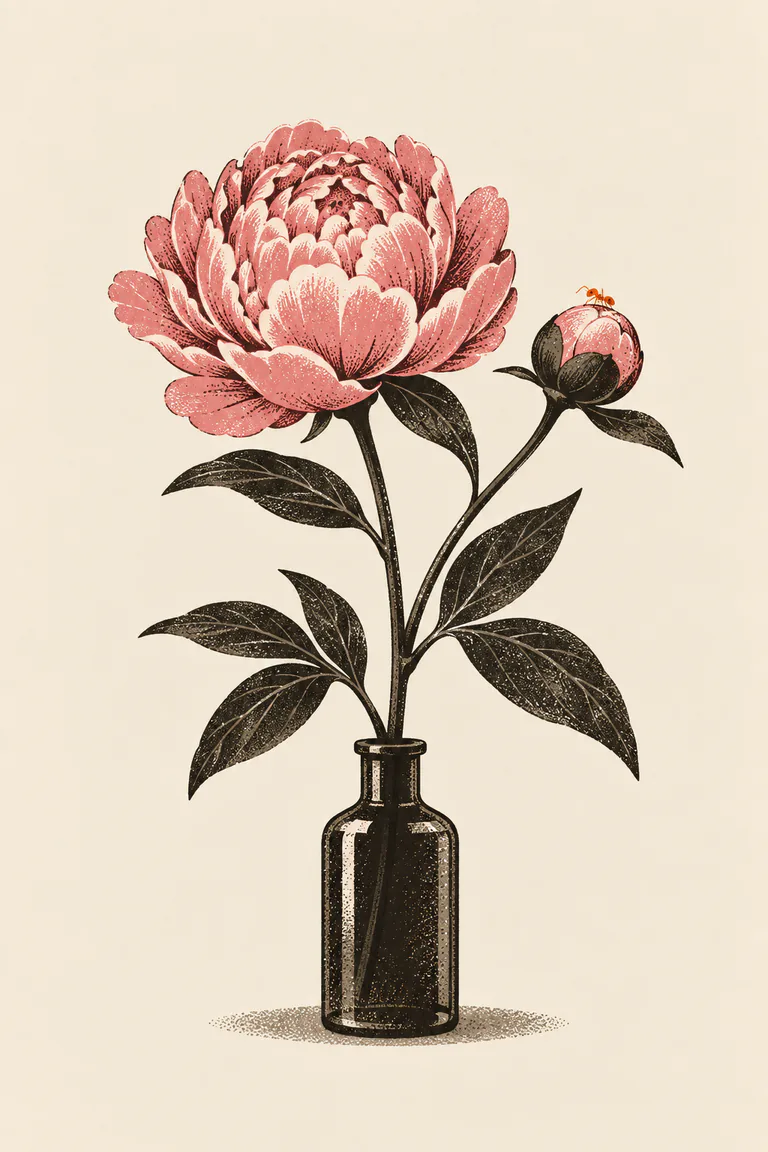 一枝粉色芍藥插在深色小瓶裡，花朵半開，旁邊一顆圓圓的花苞，細長葉片以墨色網點畫成
