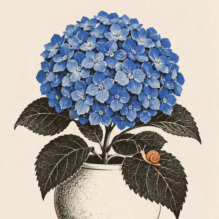 一團藍紫色繡球花球插在陶罐裡，四瓣小花擠成圓球，寬葉以墨色網點畫成