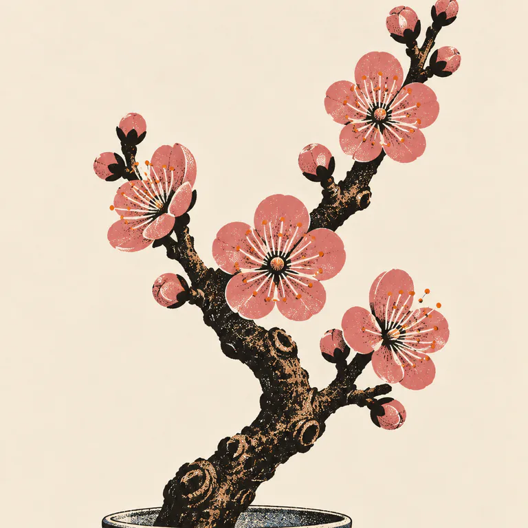 一段虯曲的梅枝從淺盆裡斜斜伸出，枝上幾朵淡粉五瓣梅花和花苞