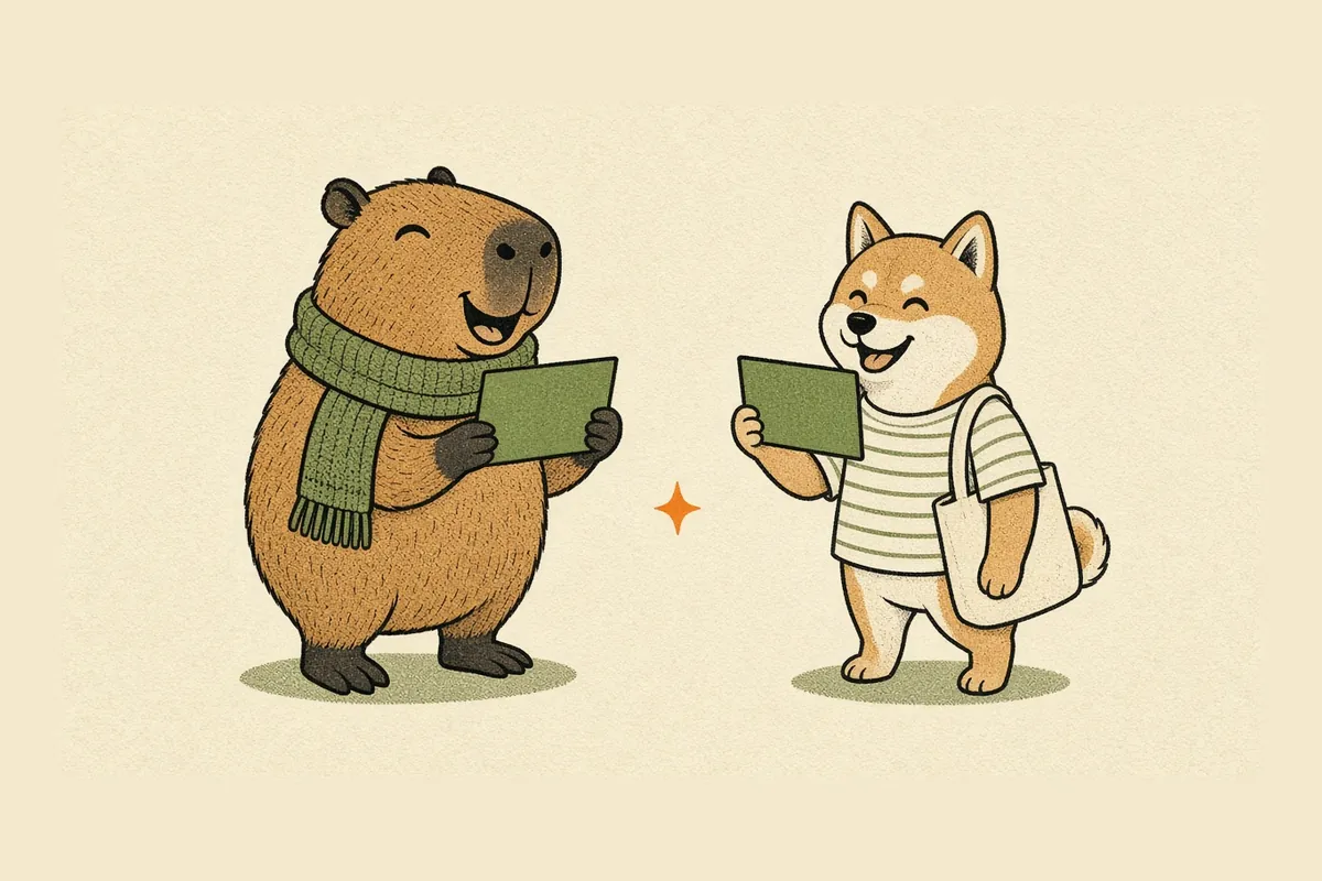 一隻圍著綠圍巾的水豚和一隻柴犬，各拿著一張一模一樣的沒有字的綠色卡片，神情很開心，兩者之間有一點小小的橙色火花