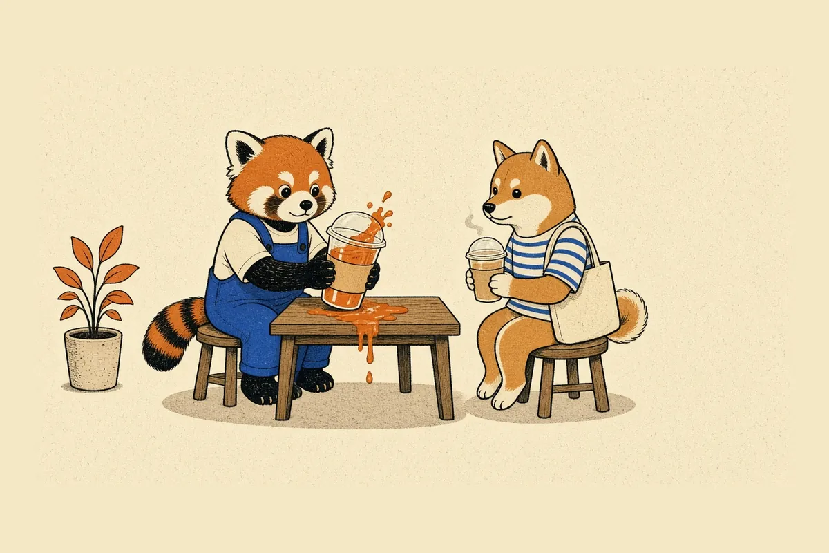 小貓熊和柴犬各坐一張圓凳面對面，小貓熊的外帶杯滿到溢出橘色飲料，柴犬手上的杯子蓋得好好的