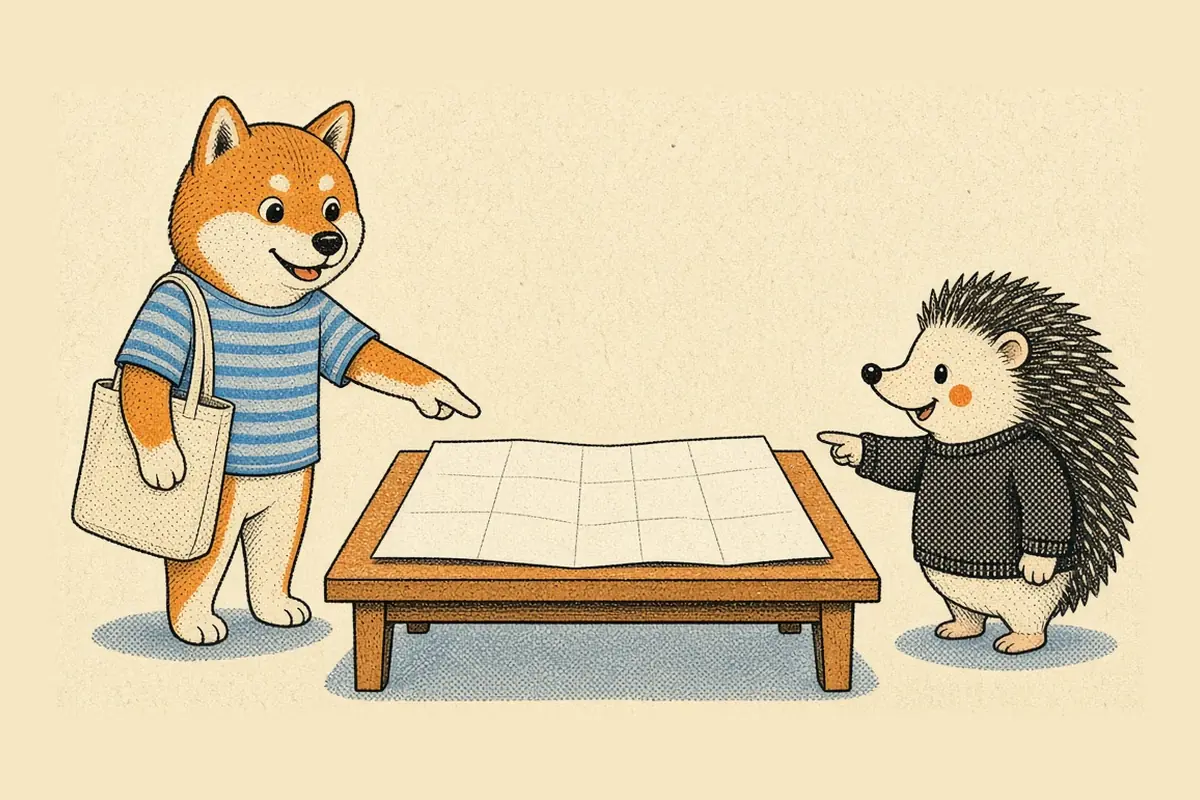 一隻柴犬和一隻刺蝟分站桌子兩側，都指向桌上攤開的一張大紙。