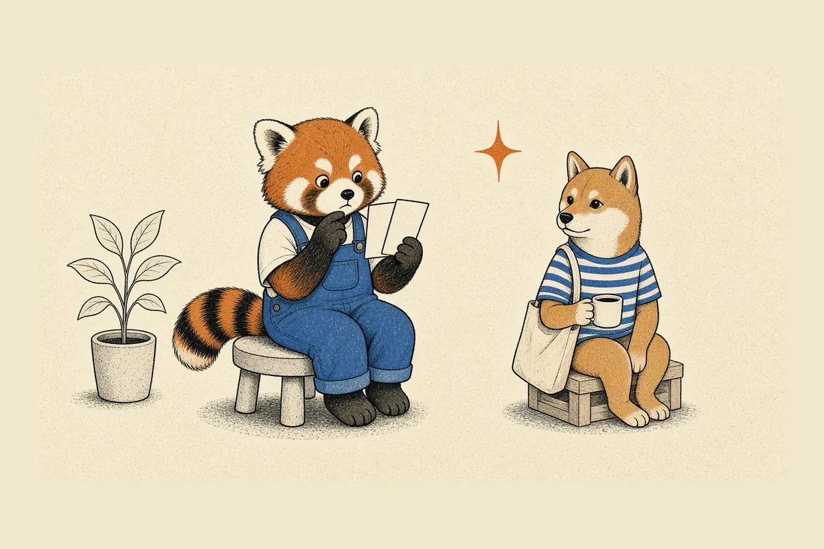 小貓熊坐在矮凳上，低頭看著兩張白色小卡片，柴犬坐在木箱上，捧著白色杯子，看著小貓熊