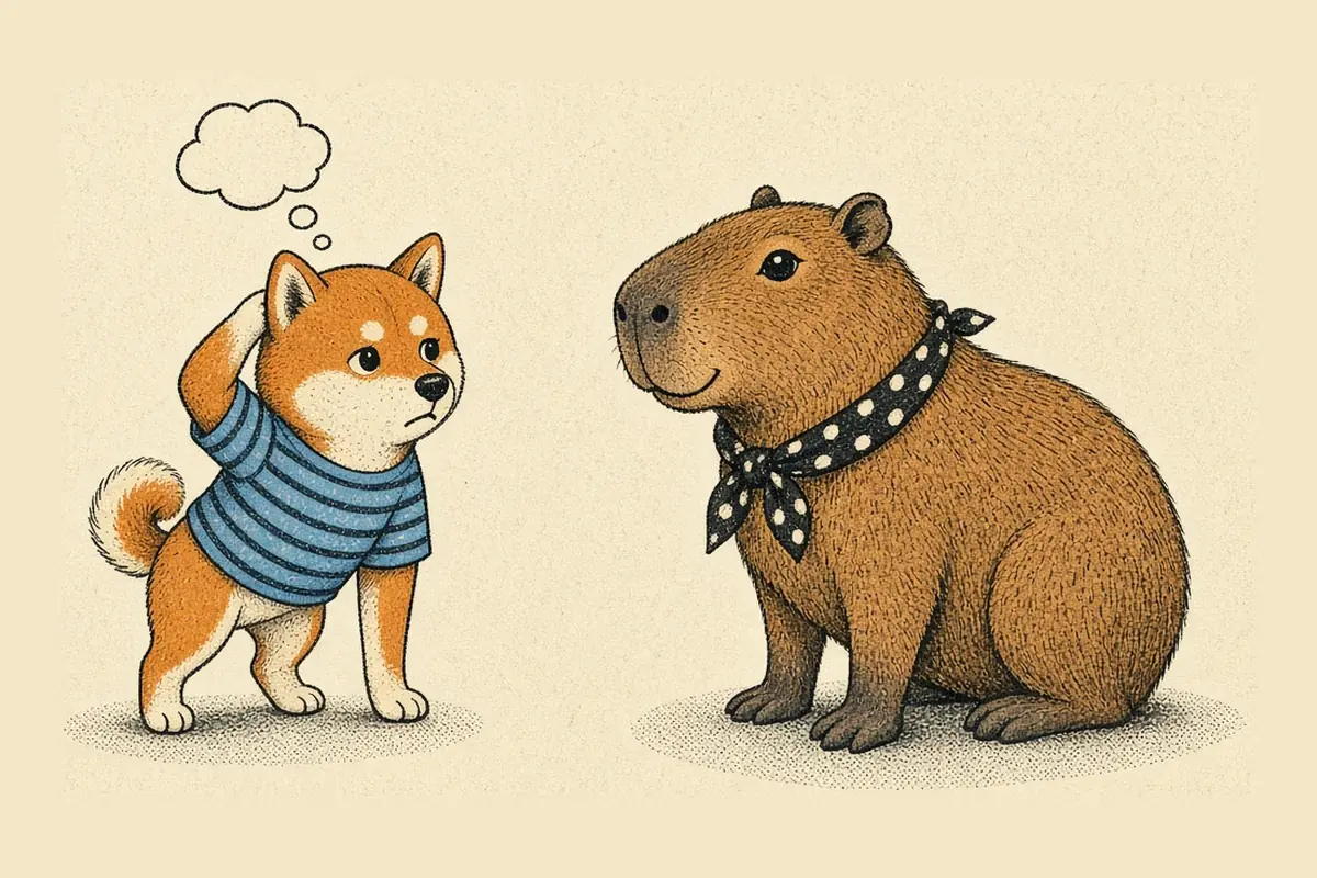 一隻穿條紋T恤的柴犬在空白的思考泡泡下抓著頭，對面的水豚溫和地微笑