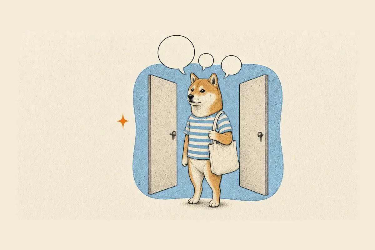 柴犬站在兩扇半開的門前，頭上飄著三個空白的對話泡泡