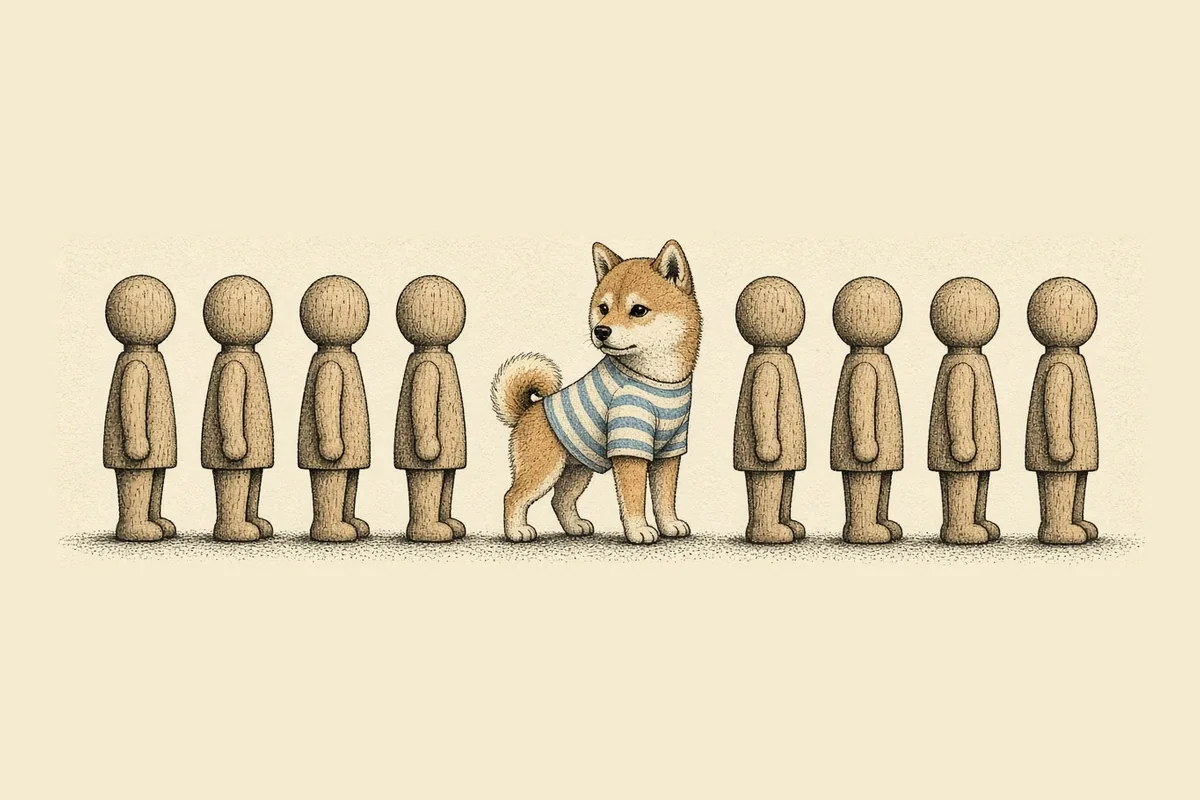 穿條紋短袖上衣的柴犬站在一列無臉小木偶中間，回頭望向排在身後的木偶。