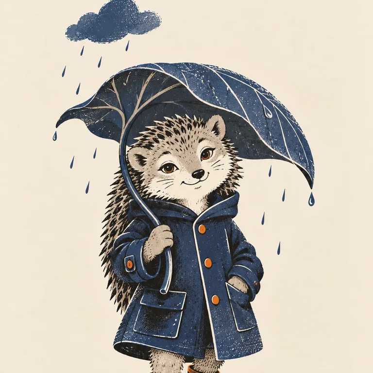 穿深藍雨衣的小刺蝟，在細雨中把大葉子當傘