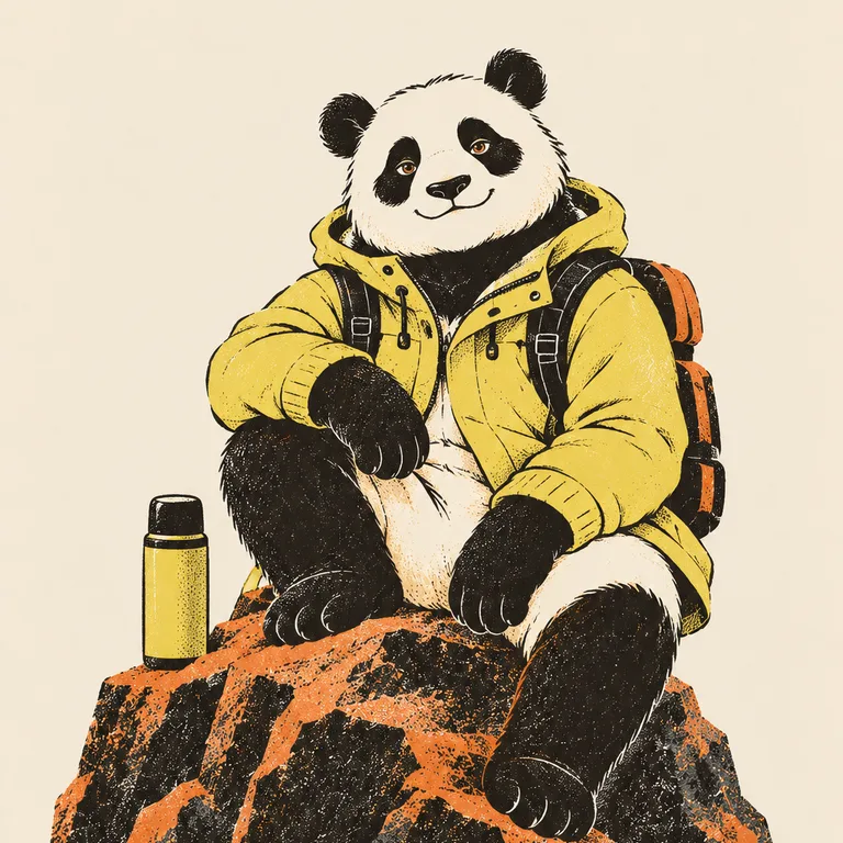 穿黃色登山外套的貓熊，穩穩坐在岩石山頂