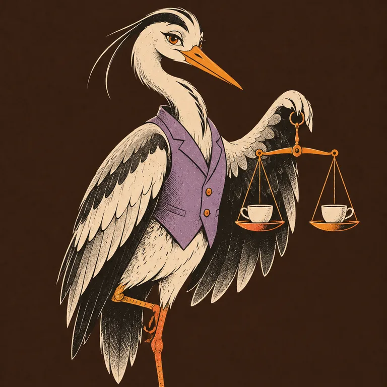 穿薰衣草色背心的灰鷺單腳站立，用翅膀提著一座兩邊各放一只茶杯、剛好平衡的秤。