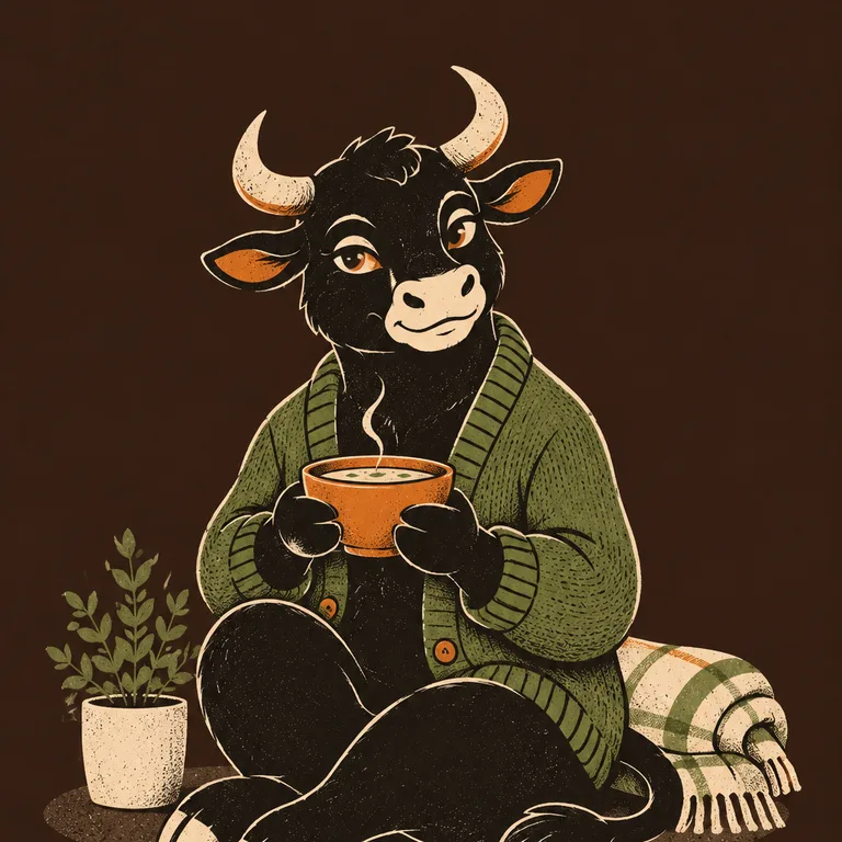 穿苔綠色毛衣的公牛舒服地坐著，雙手捧著一碗熱湯，旁邊有一盆香草和一條摺好的毯子。
