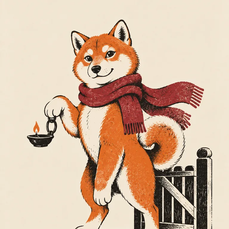 圍莓紅圍巾的柴犬守在木門邊，提著小油燈