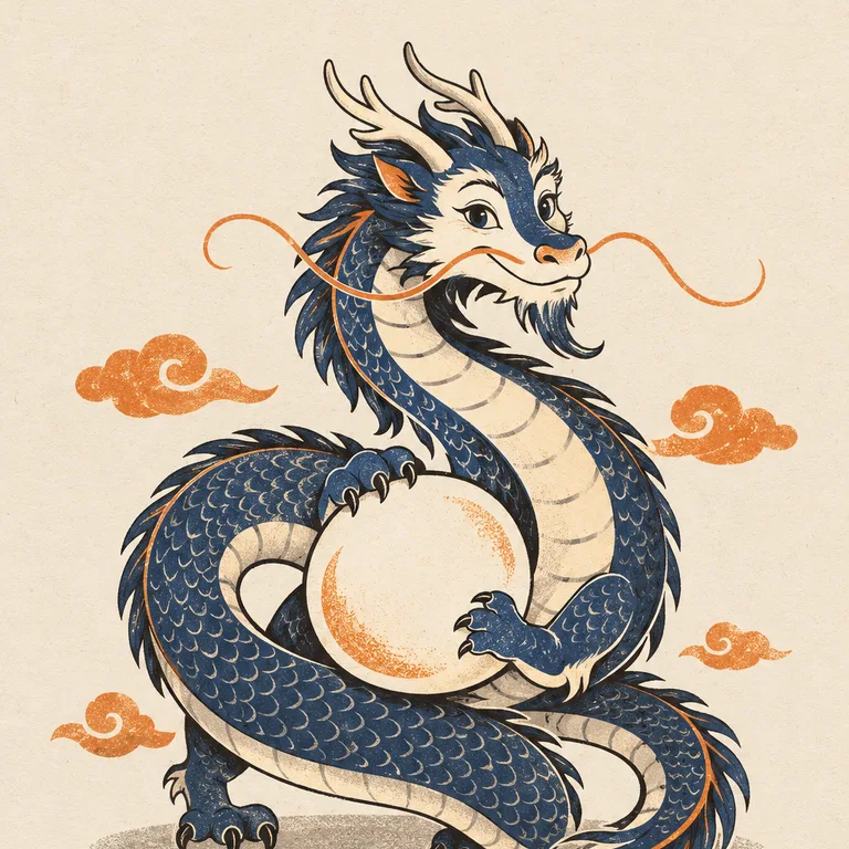 深藍鱗片的中國長龍盤繞著一顆圓潤的龍珠