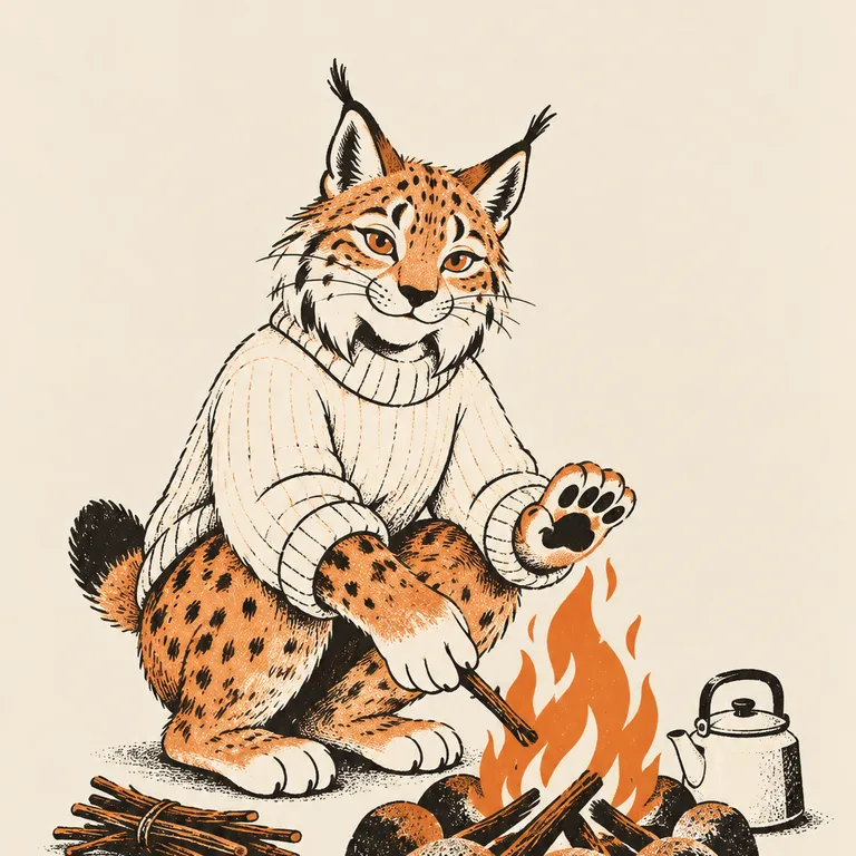 穿米色毛衣的猞猁蹲在營火旁添柴烤手