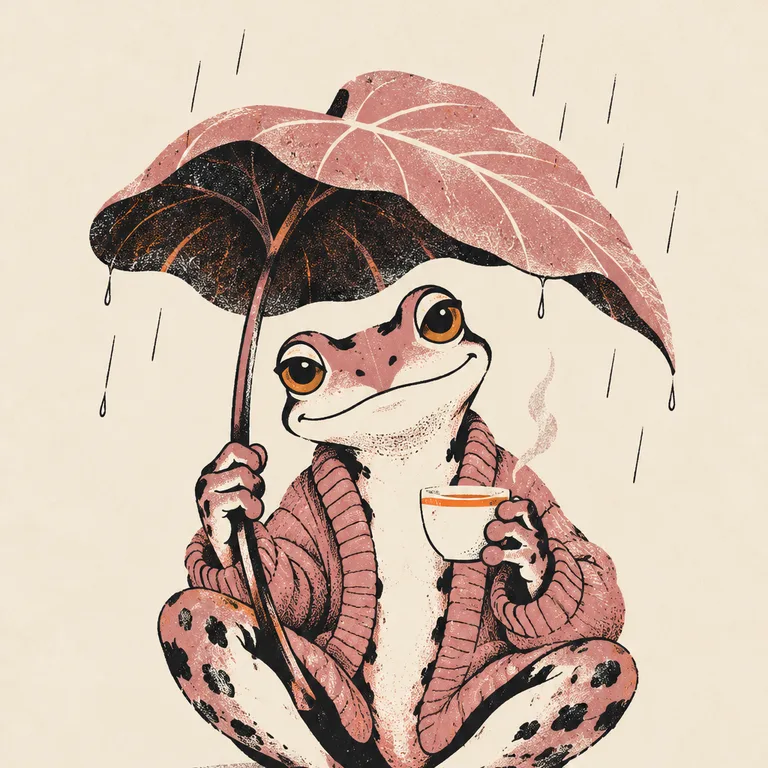穿柔軟開襟衫的綠色樹蛙坐在一片大葉子底下，細細的雨絲落下，牠捧著熱茶對著前方聊天。