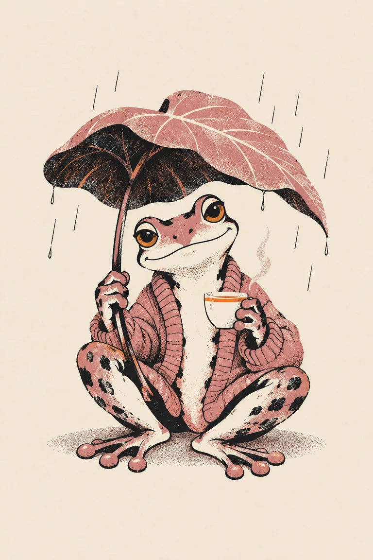 穿柔軟開襟衫的綠色樹蛙坐在一片大葉子底下，細細的雨絲落下，牠捧著熱茶對著前方聊天。