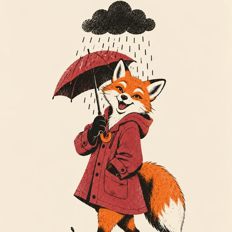 穿莓果紅雨衣的狐狸撐著小傘開懷大笑，頭頂一朵小雷雨雲正在下雨，腳邊踩著水花。