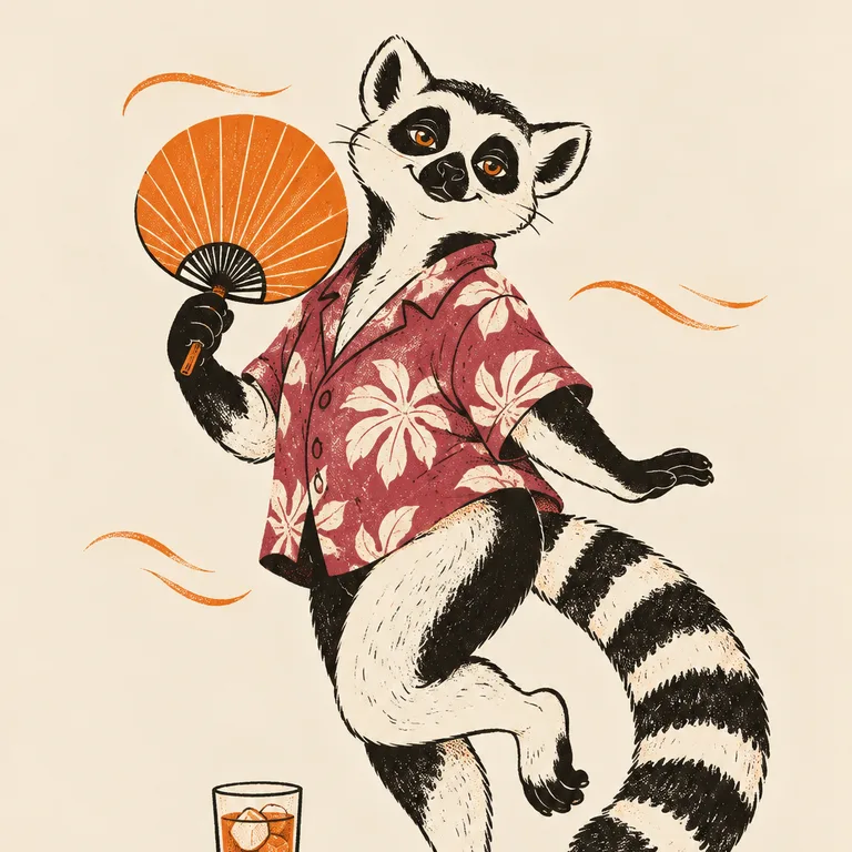 穿寬鬆夏季襯衫的環尾狐猴用一把大圓紙扇搧風，身邊繞著一圈圈暖風，旁邊放著一杯冰麥茶。