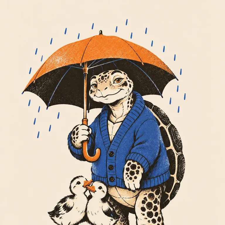 穿藍色開襟衫的老烏龜撐著大傘替兩隻小鴨擋雨