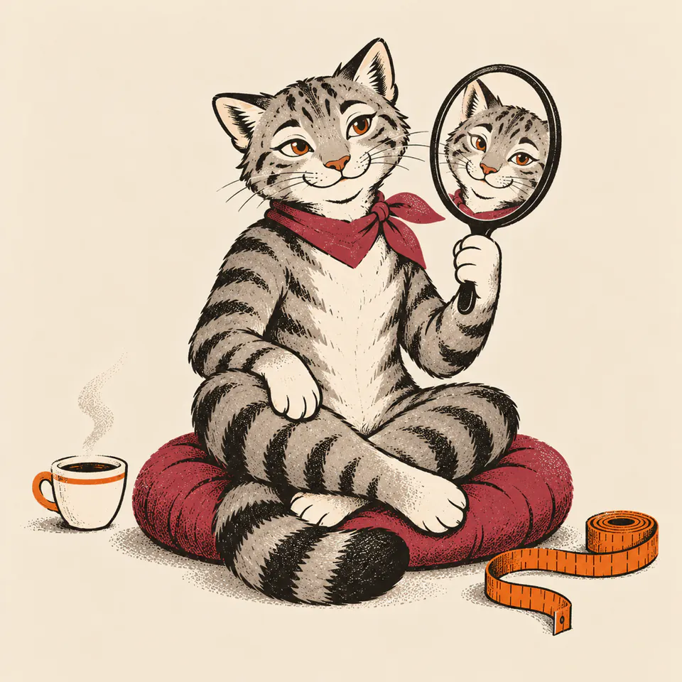 猶豫貓盤腿坐在坐墊上，舉著手鏡端詳自己，露出好玩的笑；一卷捲尺擱在地上沒人用。