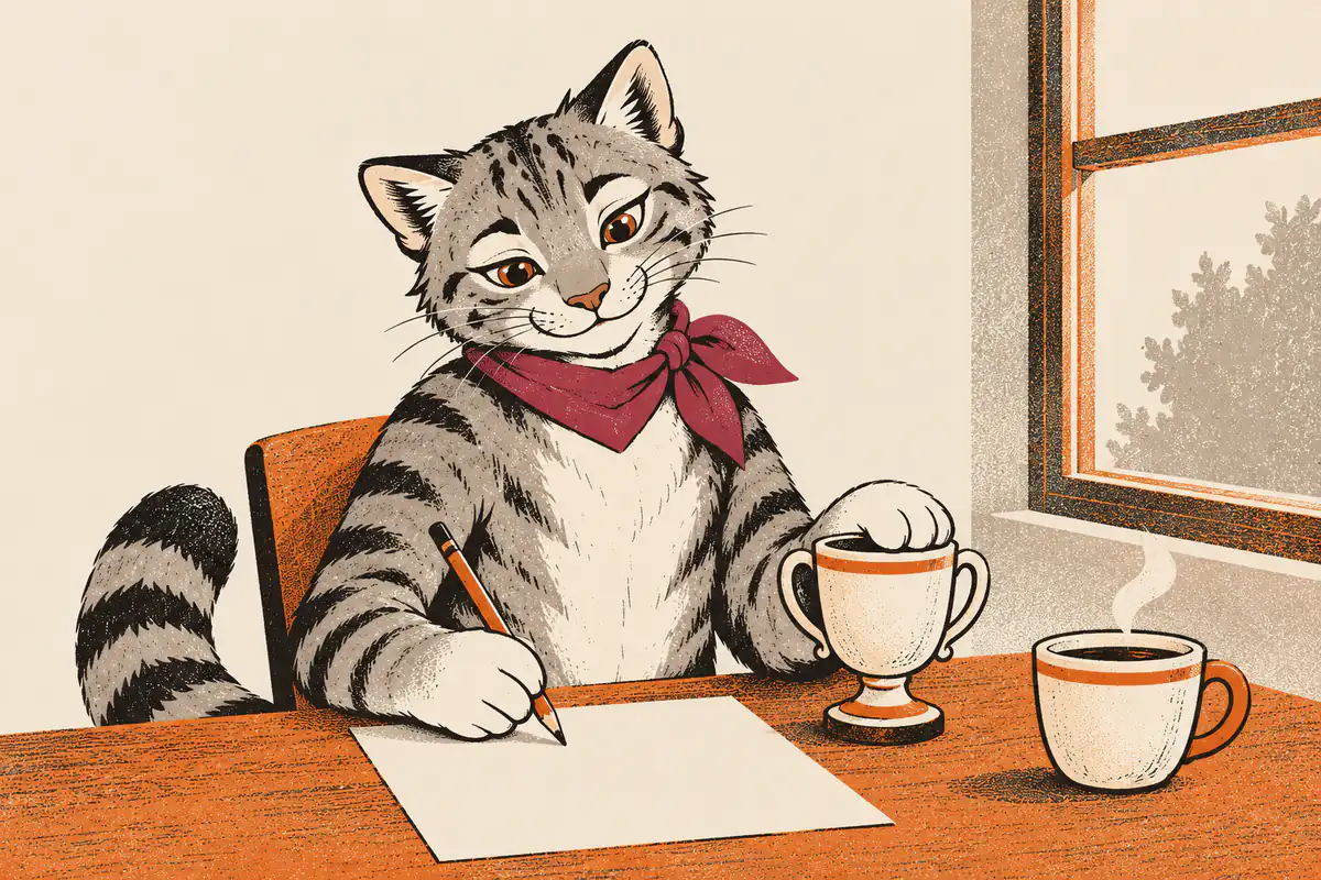 猶豫貓坐在窗邊書桌前，一手搭著小獎盃，一手拿鉛筆在白紙上寫字，表情放鬆、若有所思。