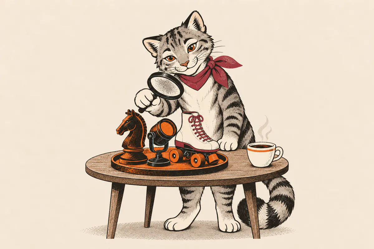 猶豫貓拿著放大鏡，湊近桌上同一個托盤裡擠在一起的西洋棋騎士、小聚光燈和溜冰鞋，神情專注又好奇。