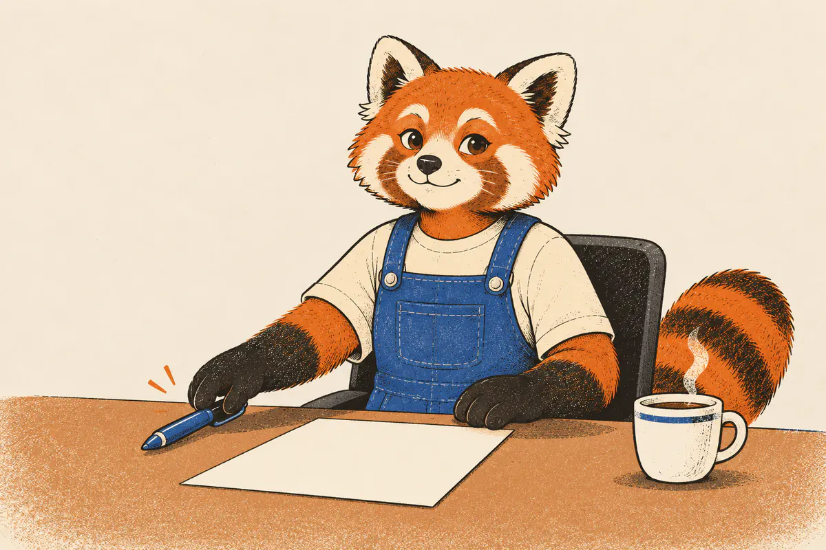 A red panda sits at a desk and sets a blue ballpoint pen down beside a blank sheet of paper that has not been signed yet, choosing not to write.