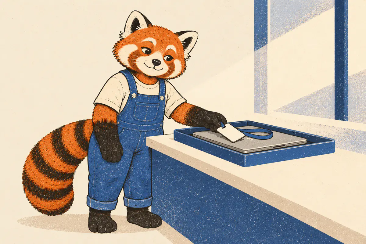 At a front desk, a red panda places its access badge on top of a closed laptop and sets both into a blue tray to return them.