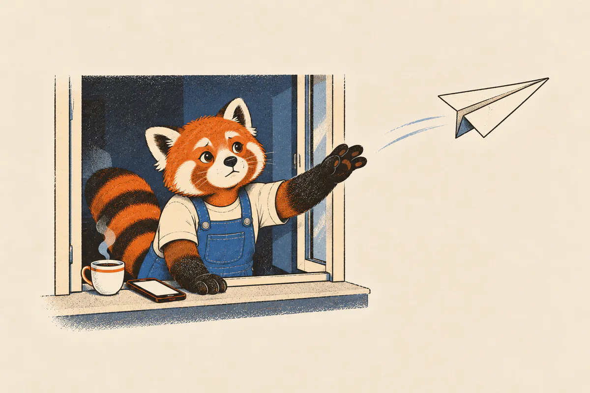A red panda stands at an open window, watching a paper plane it just released glide away outside, with a phone lying screen-up beside a mug next to it.