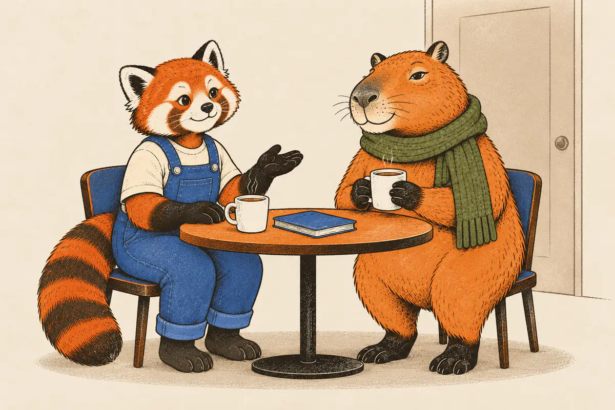 A red panda sits on one side of a small round cafe-style table, speaking calmly, while a capybara manager in a green scarf listens; two mugs and a blue notebook sit on the table.