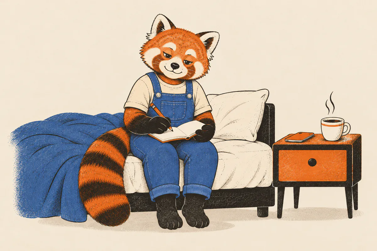 Um panda-vermelho sentado na beira da cama escreve num caderno aberto sobre os joelhos, com expressão tranquila; na mesinha de cabeceira há um celular e uma xícara de bebida quente