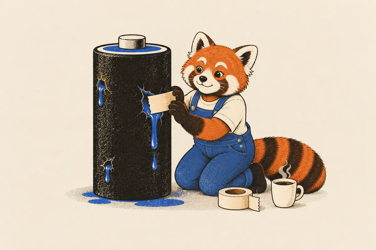 Um panda-vermelho ajoelhado ao lado de uma bateria gigante e rachada tapa um dos furos com fita adesiva, concentrado; poças de energia azul se espalham pelo chão, perto de uma xícara de café