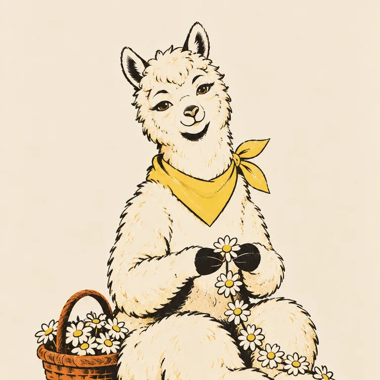 A cream alpaca in a yellow neckerchief sits threading white daisies into a chain, a basket of daisies beside it