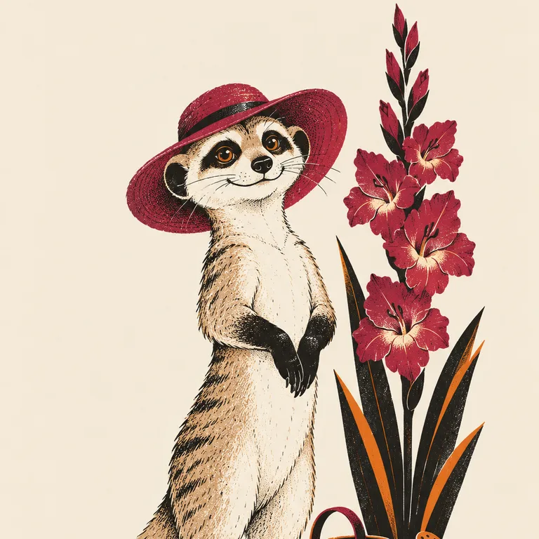 A meerkat in a red sun hat stands upright beside a tall red gladiolus spike, a red watering can at its feet