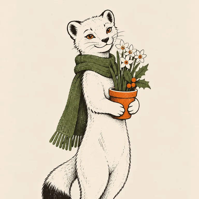 A white ermine in a green scarf carries a pot of white paperwhite narcissus with a sprig of holly and berries