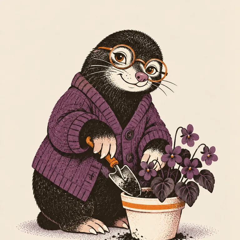 A mole in a purple cardigan and round glasses kneels to tend a clay pot of purple violets with a small trowel