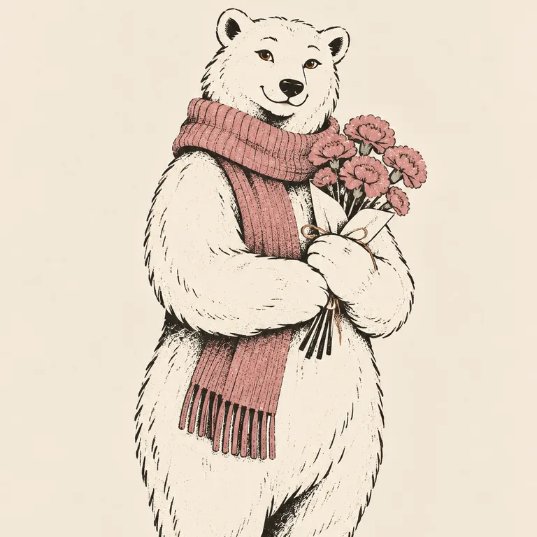A polar bear in a dusty-pink knit scarf holds a small paper-wrapped bunch of pink carnations against its chest