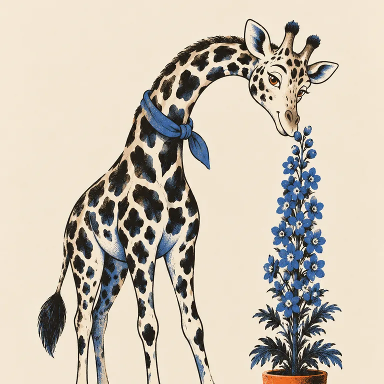 A giraffe in a blue neckerchief bends its long neck to sniff a tall spike of blue larkspur growing in a clay pot