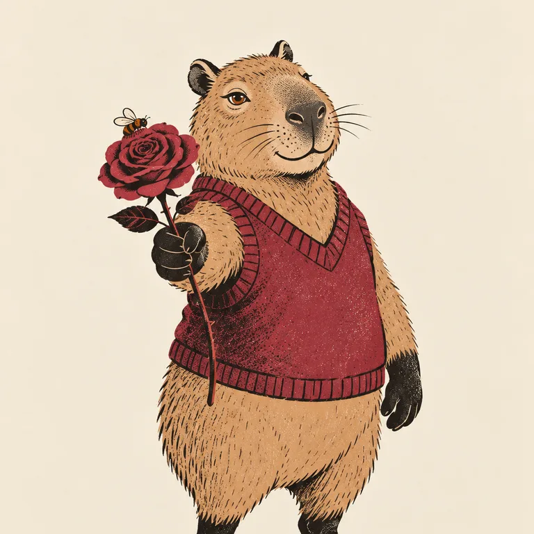 A capybara in a red knit vest offers a single long-stemmed red rose with a tiny bee resting on it