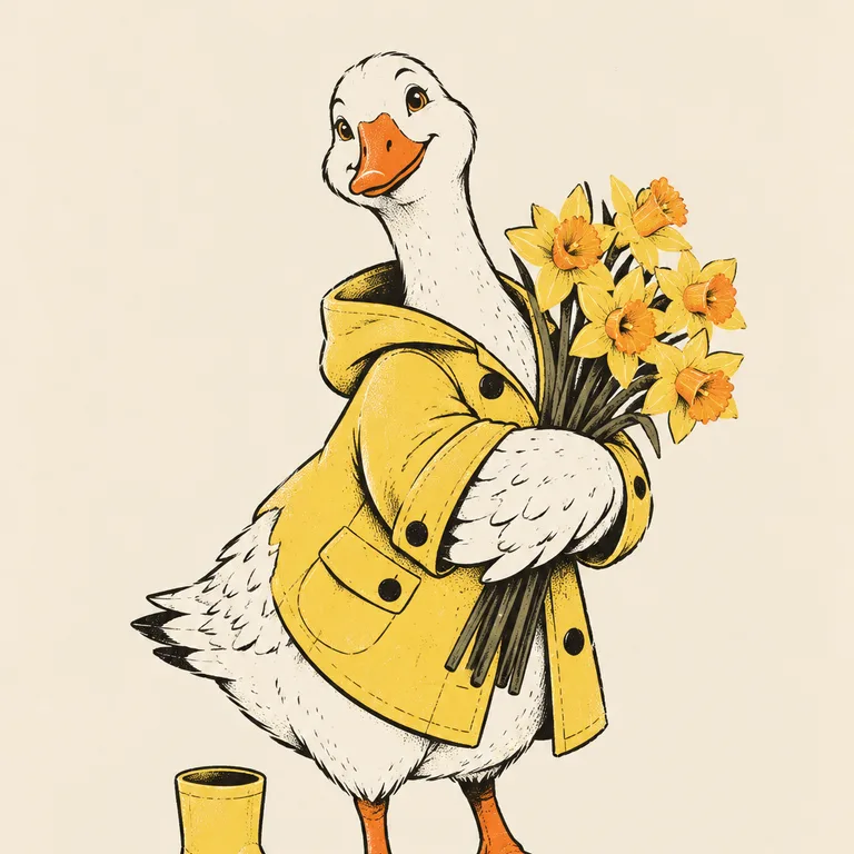 A white goose in a yellow raincoat carries an armful of yellow trumpet daffodils, a single rain boot at its feet