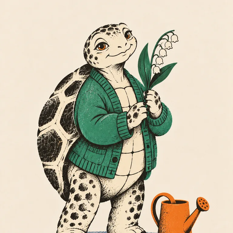 A tortoise in a green cardigan holds up a sprig of lily of the valley with white hanging bells, a watering can nearby