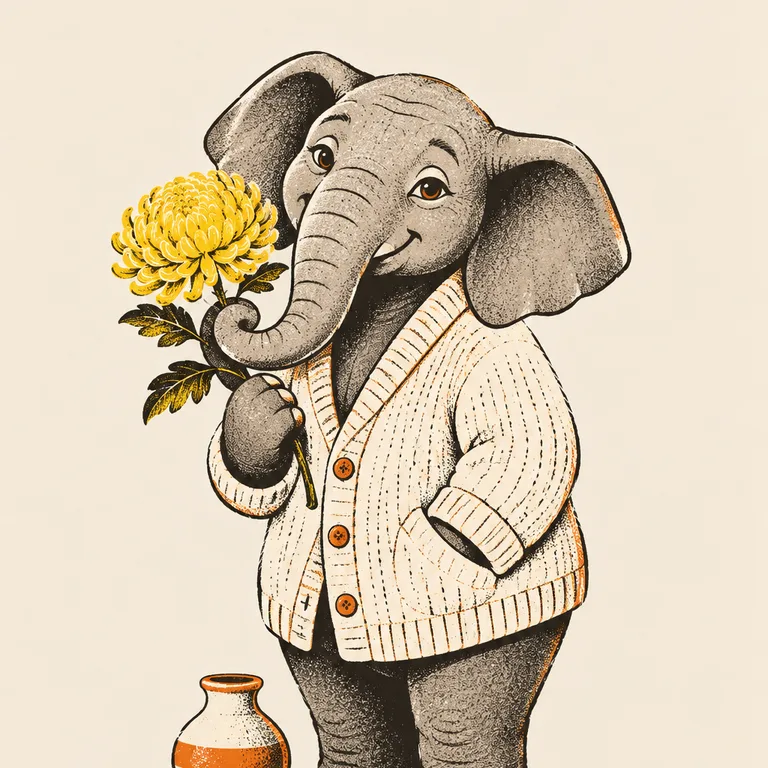 An elephant in a cream cardigan holds up one large yellow chrysanthemum with its trunk, a small vase at its feet