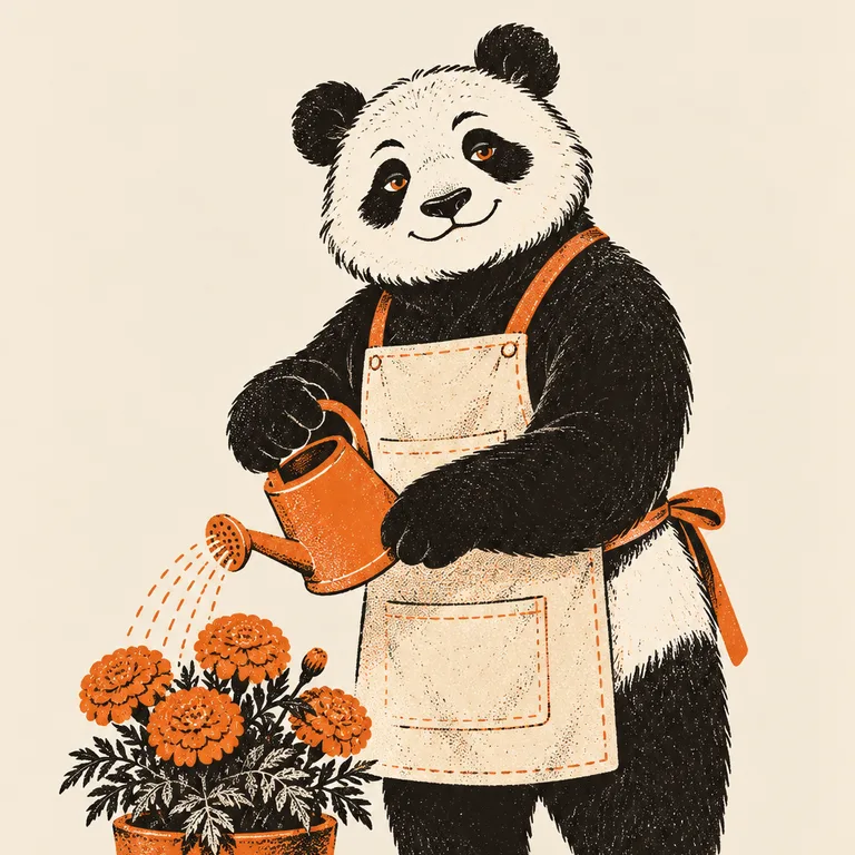 A giant panda in a canvas apron waters a clay pot of orange marigolds with an orange watering can