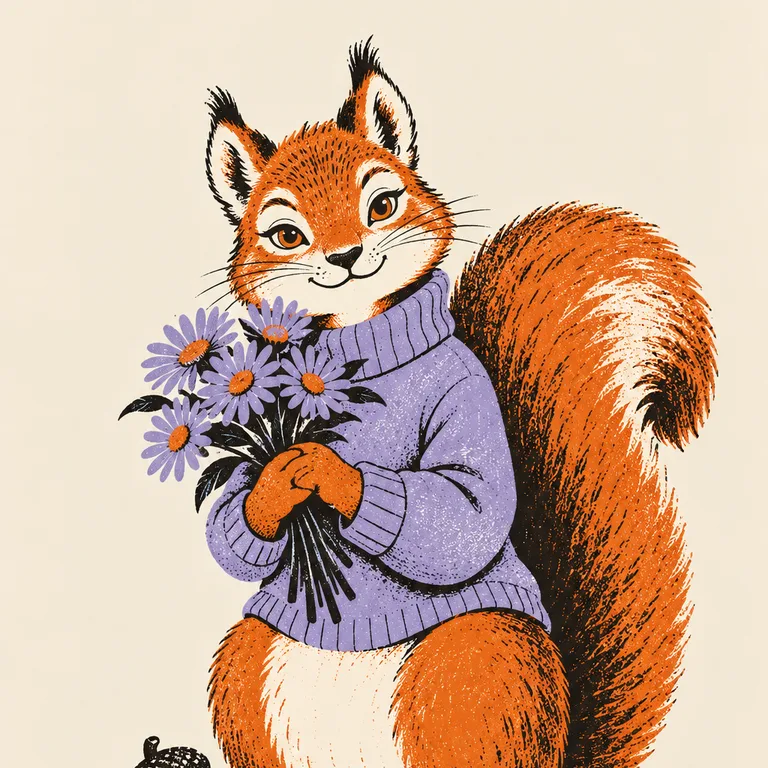 A red squirrel in a lavender sweater hugs a bunch of purple asters, an acorn on the ground beside it