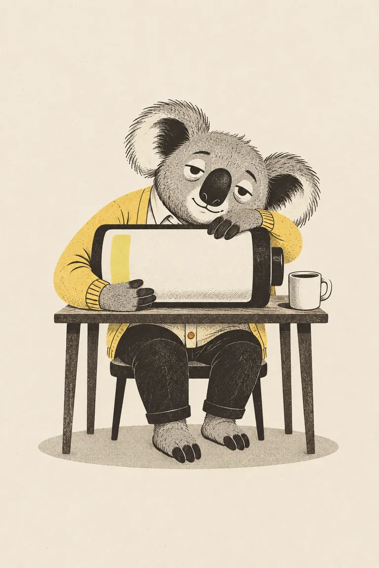 A sleepy koala slumps at a desk, hugging a giant battery that is nearly empty.