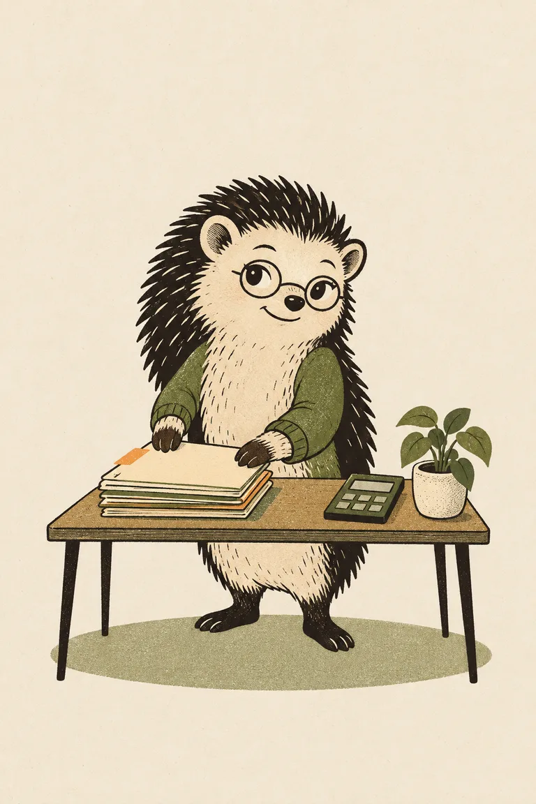 腕カバーをつけたハリネズミが、電卓の横できれいに積まれた書類を仕分けているイラスト。