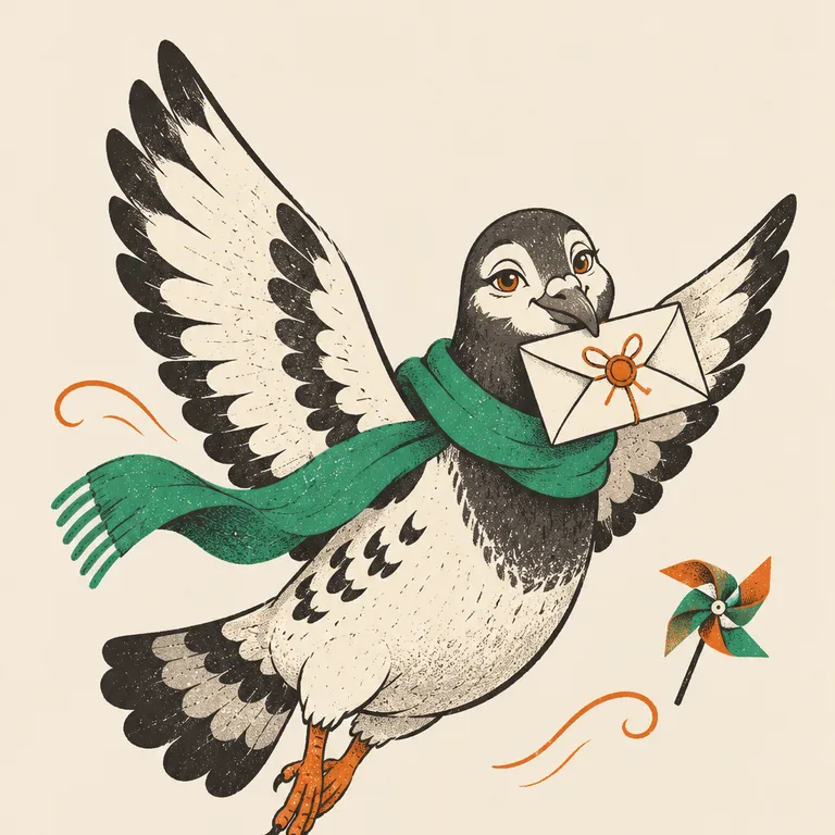 緑のスカーフの伝書鳩が、封筒をくわえて風に乗る